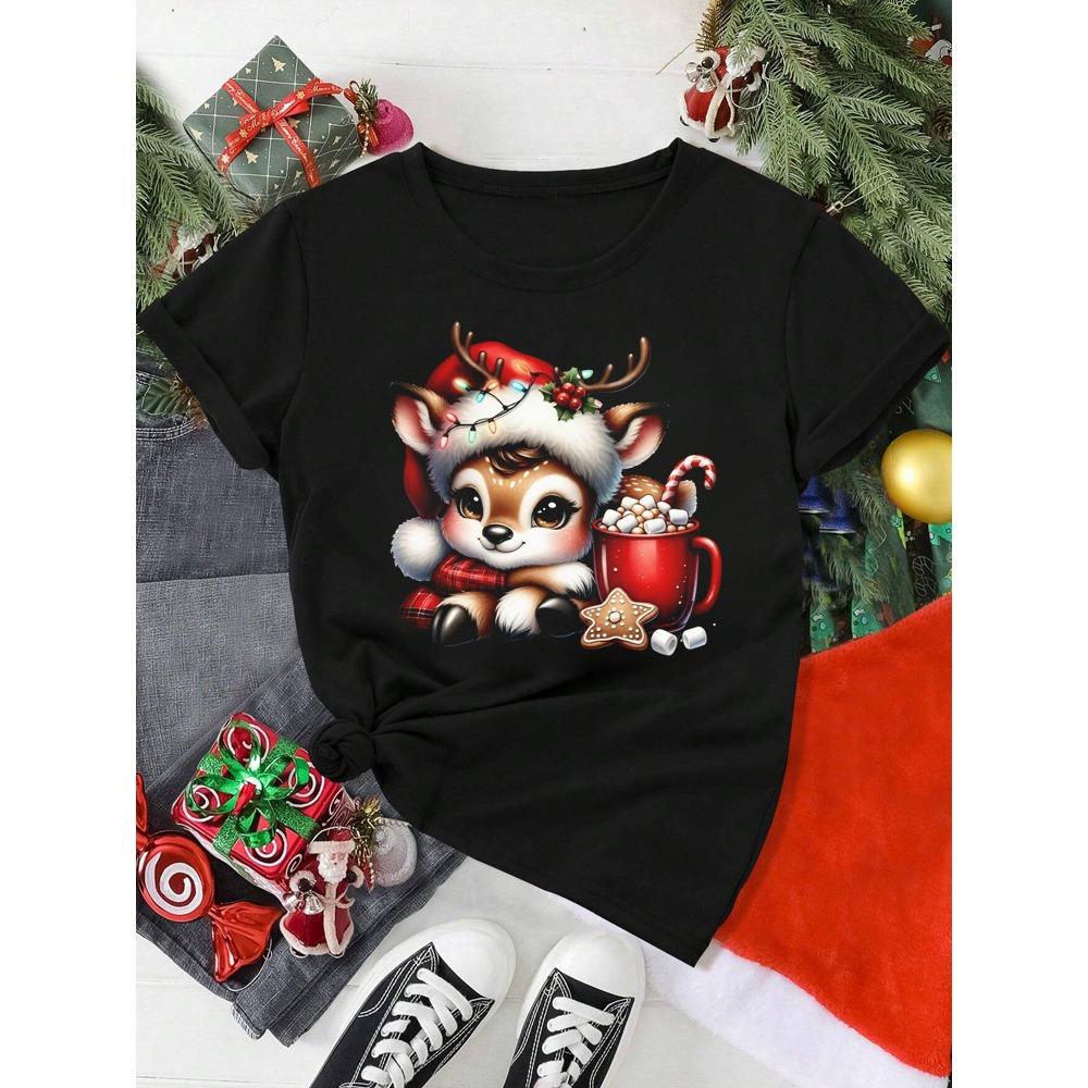 Cute Christmas Reindeer Print Women's T-shirt Cartoon Casual Short Sleeved Round Neck Women's Red T-shirt Women Y2k T-shirt Women