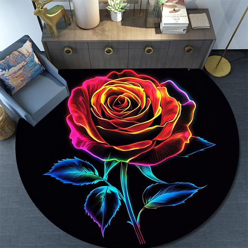 Rainbow Rose Round Area Rug,Carpet Rug for Living Room Bedroom Sofa Playroom Decor,Non-slip Floor Mat