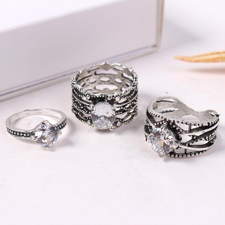 Decoration European and American Trendy Ring Set, Retro Hollow Diamond Ring Set of 3 Pieces