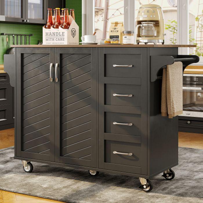 Chariot De Cuisine - MUVOE - Buffet Noir - Plateau Pliable - 2 Tiroirs - 2 Portes