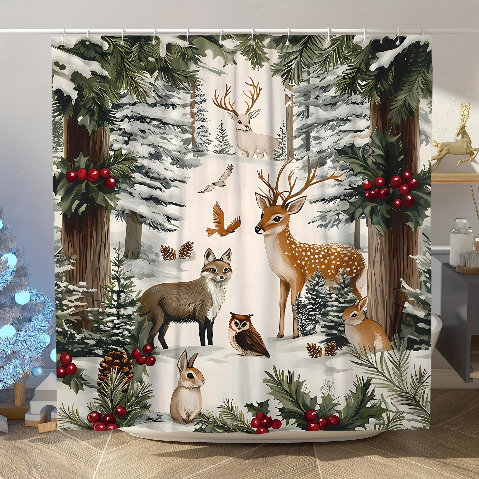 

1Pc Shower Curtain - Festive Winter Forest Scene With Deer, Fox, Owl, And Bunny Waterproof W60H190(CM)-1 Pcs