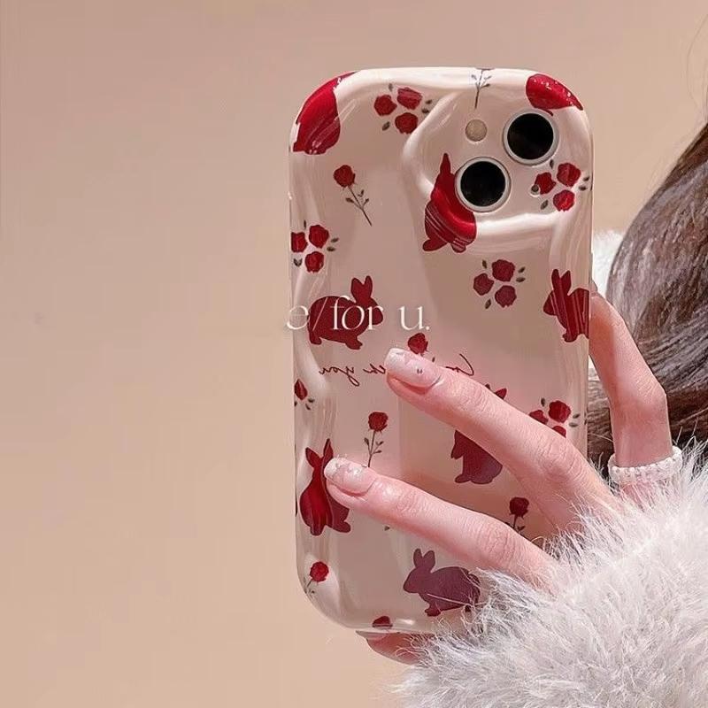 Red Flowers Rabbit Pattern Phone Case For iPhone 17 16 15 14 11 Pro Max Plus 13 12 Mini 16E 17 Air XS Max XR Bumper Clear Cover