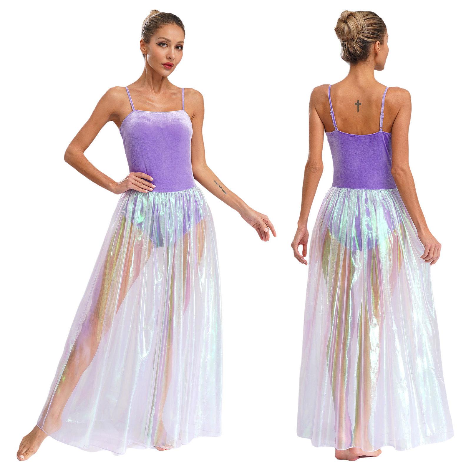 

Женское выпускное вечернее бальное платье для сцены, блестящее балетное бальное платье для лирических современных танцев, юбка в складку, длинное платье для выступлений S светло-фиолетовый