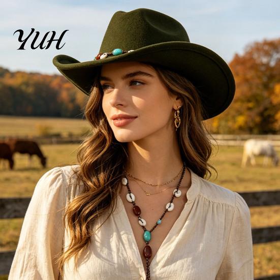 Vintage Style Headwear Wool Felt Fedora, Unisex Western Cowboy Hat, Retro Wide Brim Hat Cowgirl Jazz for Women Men Autumn Winter Travel Accessories