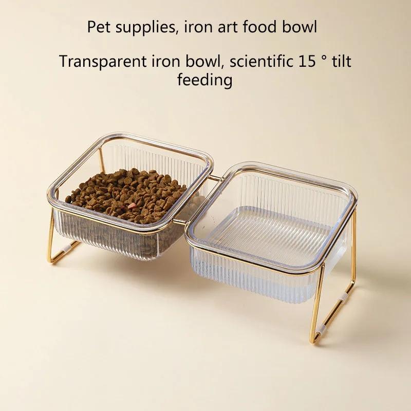 Cat Double Bowl New with Stand Pet Kitten Puppy Transparent Food Feeding Dish Metal Elevated Water Feeder Dog cats Bowl Supplies