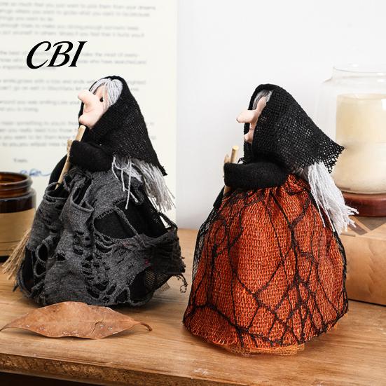 Layered Fabric Witch Figure Halloween Kitchen Doll, Small Statue with Broom, Handmade Ornament Tabletop Party Decoration for Table Fireplace