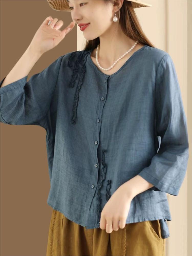 

Johnature Женские винтажные рубашки с семью рукавами, топы, летние женские блузки с круглым вырезом высокого качества в стиле пэчворк, на пуговицах One Size синий