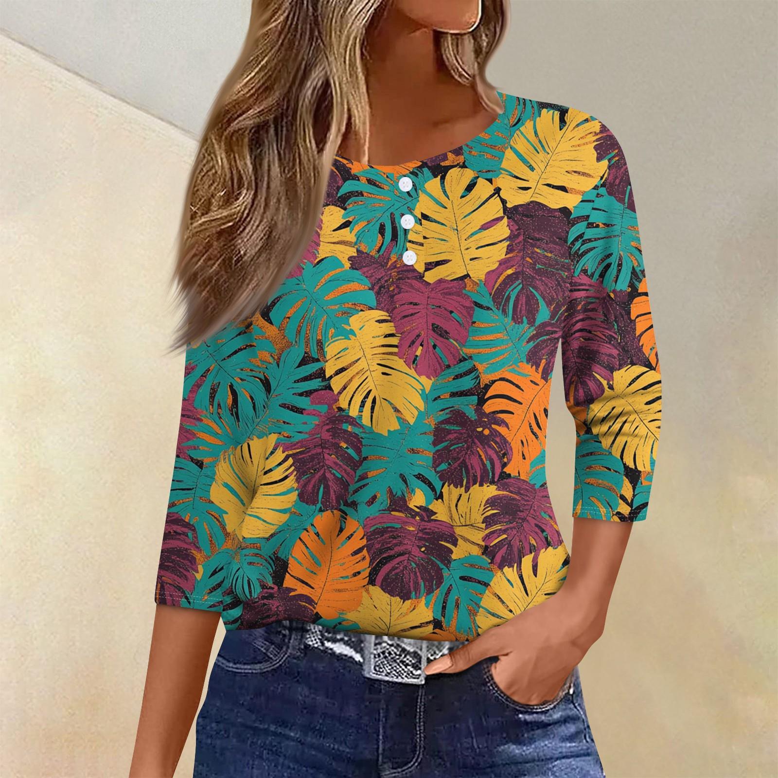 

Жіноча футболка з принтом на ґудзиках, рукави 3/4, щоденна мода на вихідні, звичайний топ із V-подібним вирізом XL жовтий