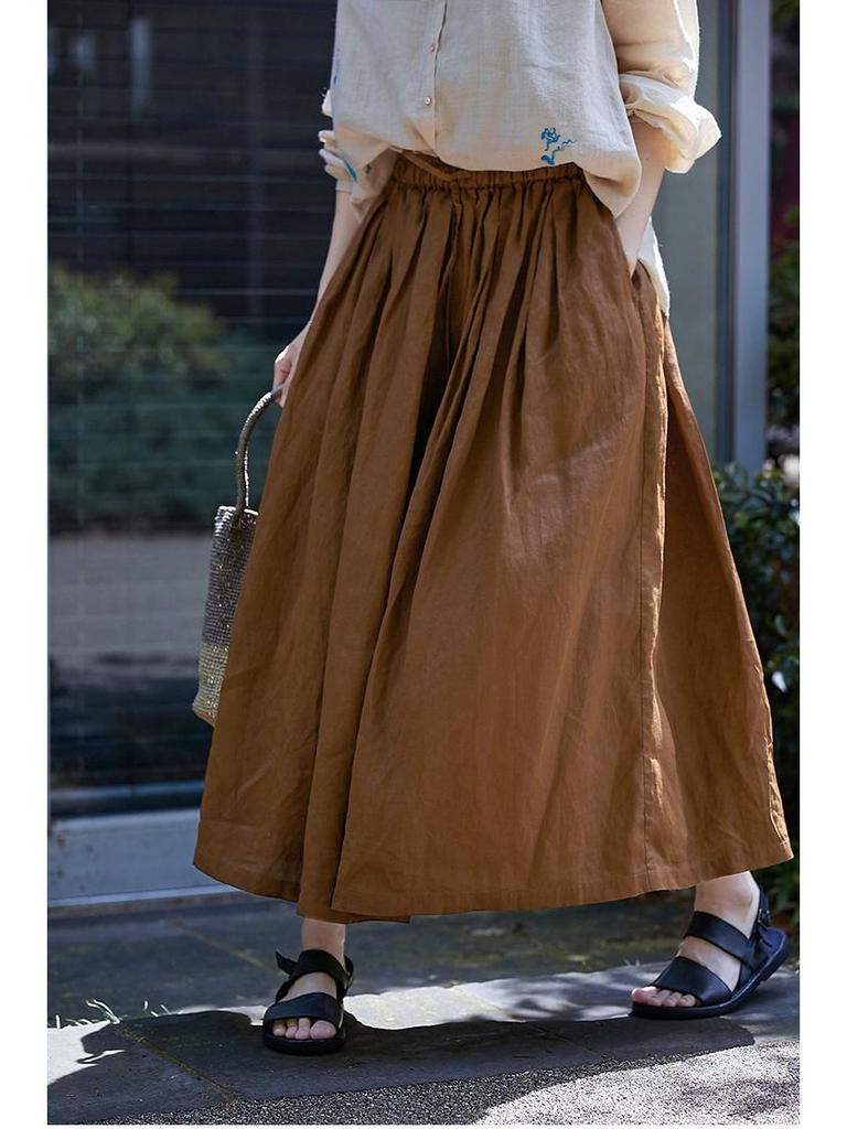 Women's Retro Cotton-Linen Elastic Waist Pleated Skirt - Summer 2023