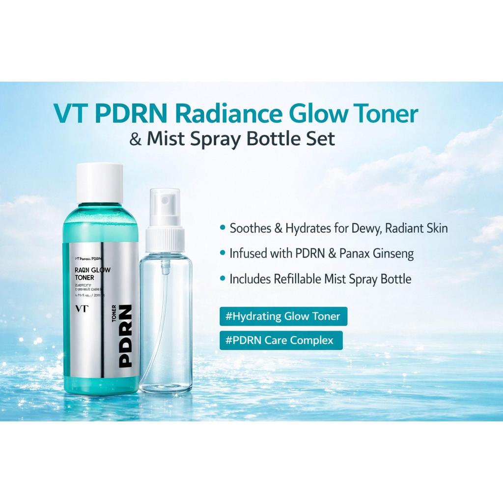 VT COSMETICS PDRN Radiance Glow Toner 200ml + Fine Mist Spray Bottle Set