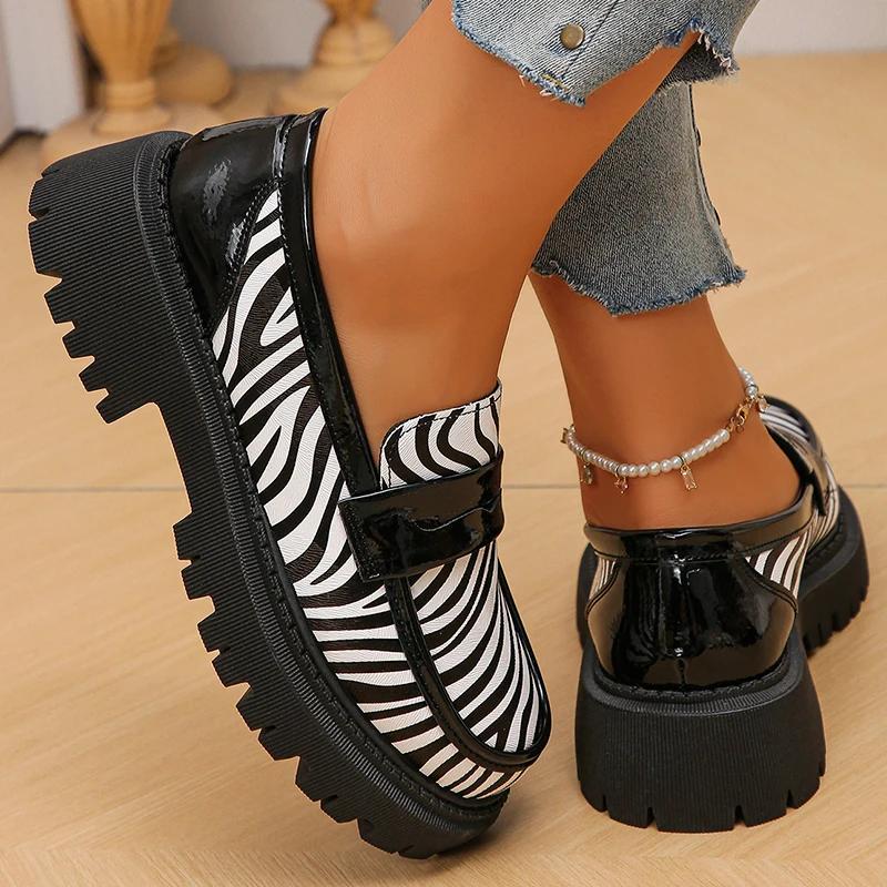 Cow Print Zebra Print Chunky Platform Pumps Women 2025 Autumn Pu Leather Thick Sole Loafers Woman Plus Size Uniform Lolita Shoes