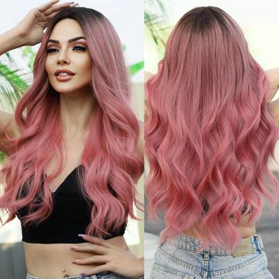 Professional WIGS Highlight Long Wavy Pink Wig for Women Pink Synthetic Wigs with Bangs Heat Resistant Hair Cosplay Lolita Wigs