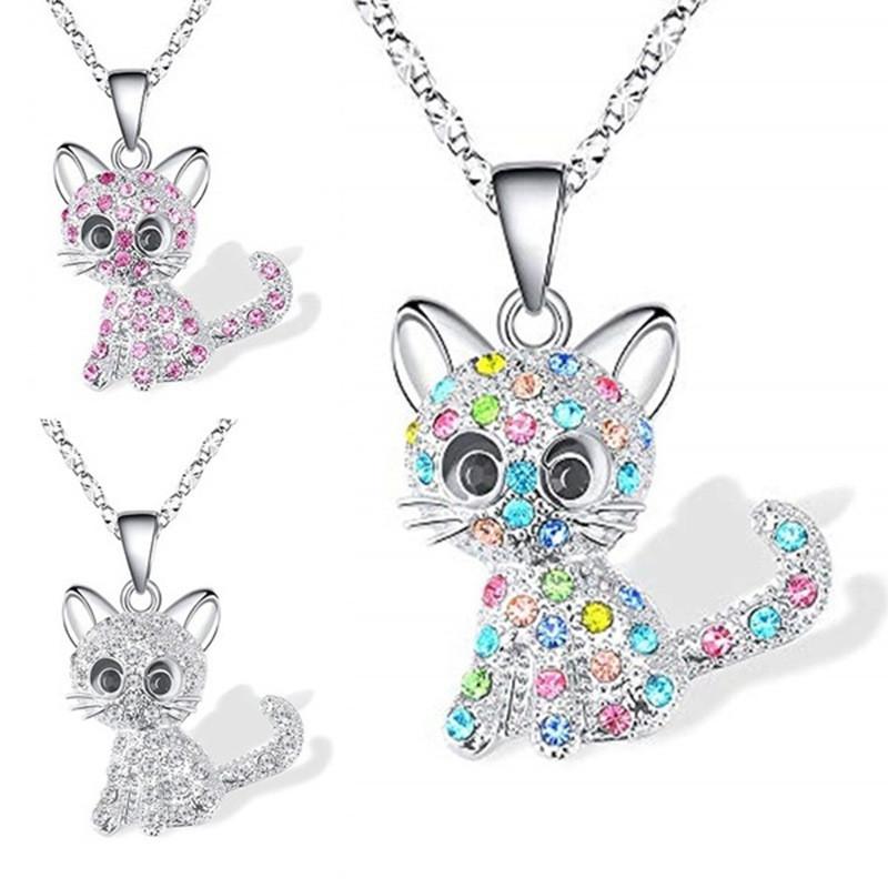 Colorful Heart Cat Necklace With Electroplated Finish For Women Jewelry