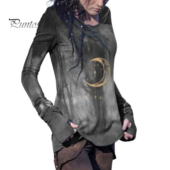 

Женские топы с круглым вырезом и длинным рукавом с принтом луны, облегающая футболка средней длины из эластичной ткани, повседневная одежда M серый