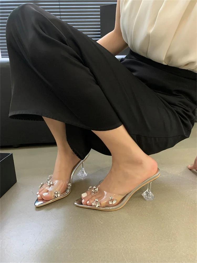 Fashion Eilyken Sexy Crystal Diamond PVC Transparent Pointed Toe High Heels Women Slippers Sandals Summer Slide Ladies Shoes