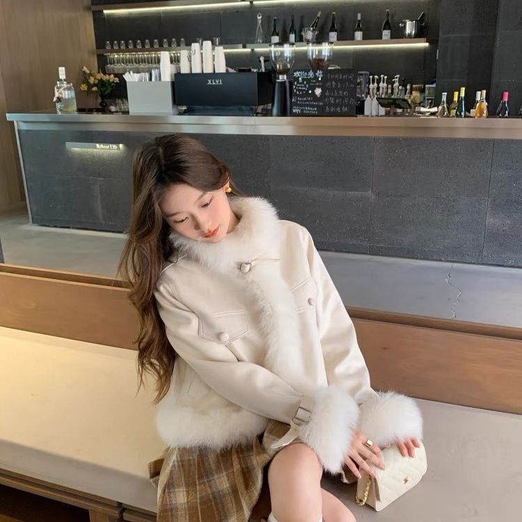 Vintage Patchwork Faux Fox Fur Coat Short Outerwear Women Retro Style Jacket