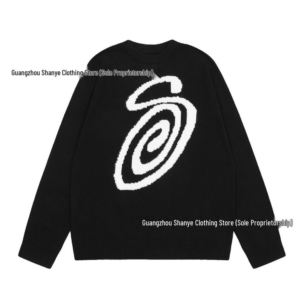 European & American Stüssy Arc Pattern Jacquard Round Neck Knit Sweater for Couples
