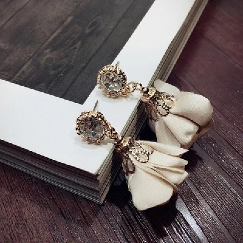New Fabric Flower Dangle Earrings for Women Crystal Top Luxury Wedding Ear Floral Pendants Hanging Earring
