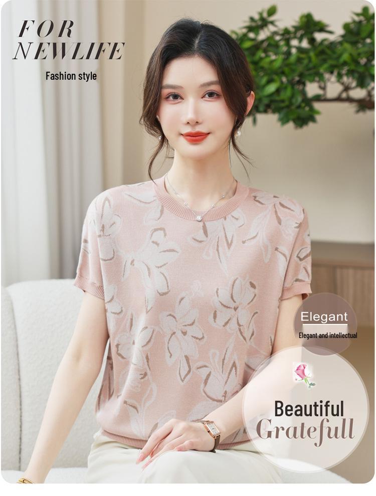 Mother's Short-Sleeved Printed Batwing Shirt - Stylish Ice Silk T-Shirt for Middle-Aged and Elderly Women