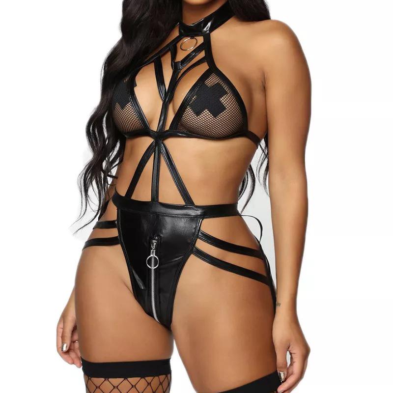 Evropský a americký dámský overal bez zad s ohlávkou z lakované kůže