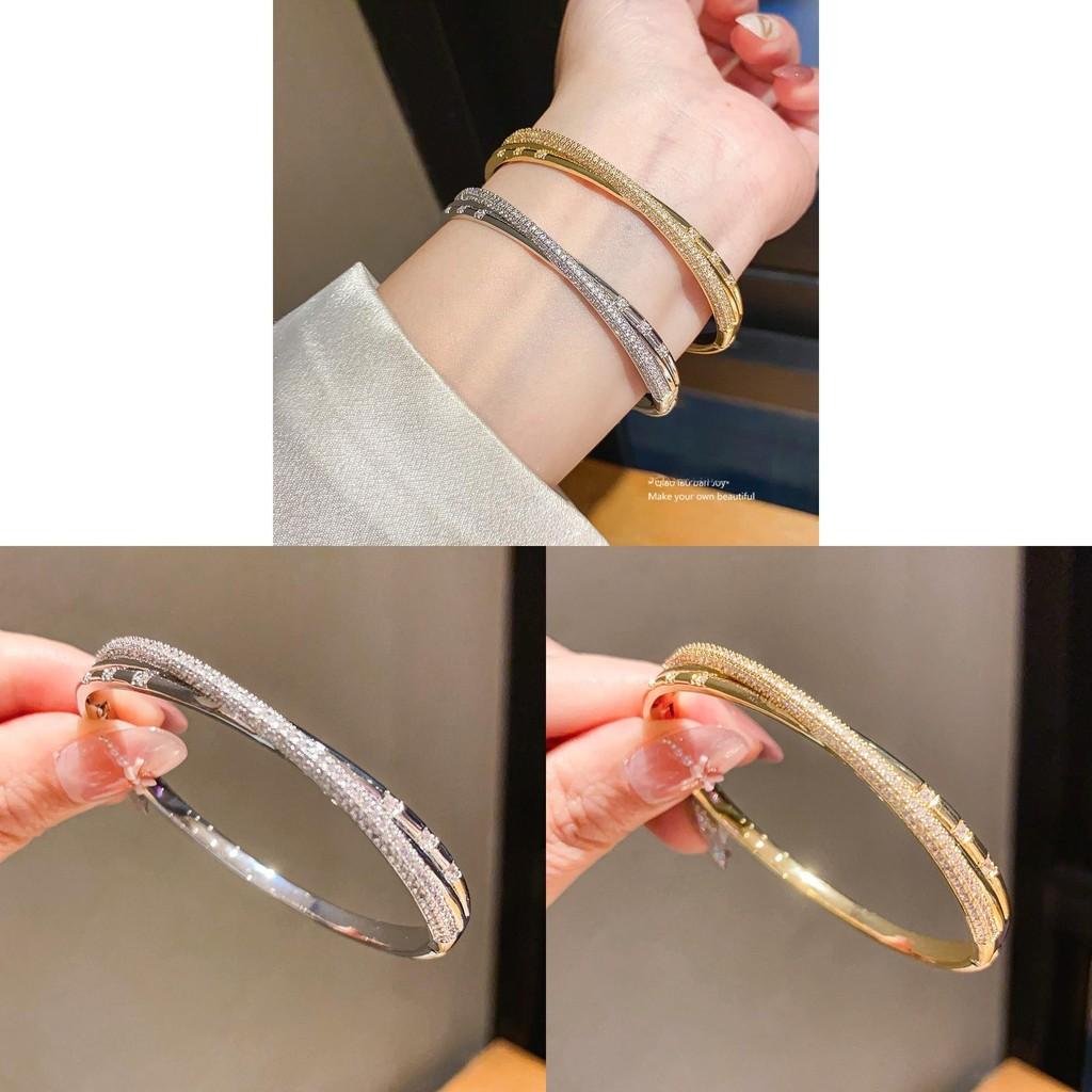 Geometric Zircon Cross Cuff Bracelet In 18k Gold Plating For Women