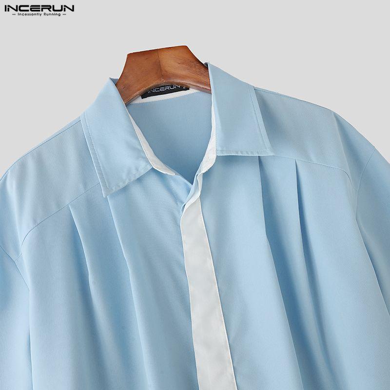 INCERUN Oversized Men Lapel Neck Short Sleeve Stitching Casual Loose Shirts