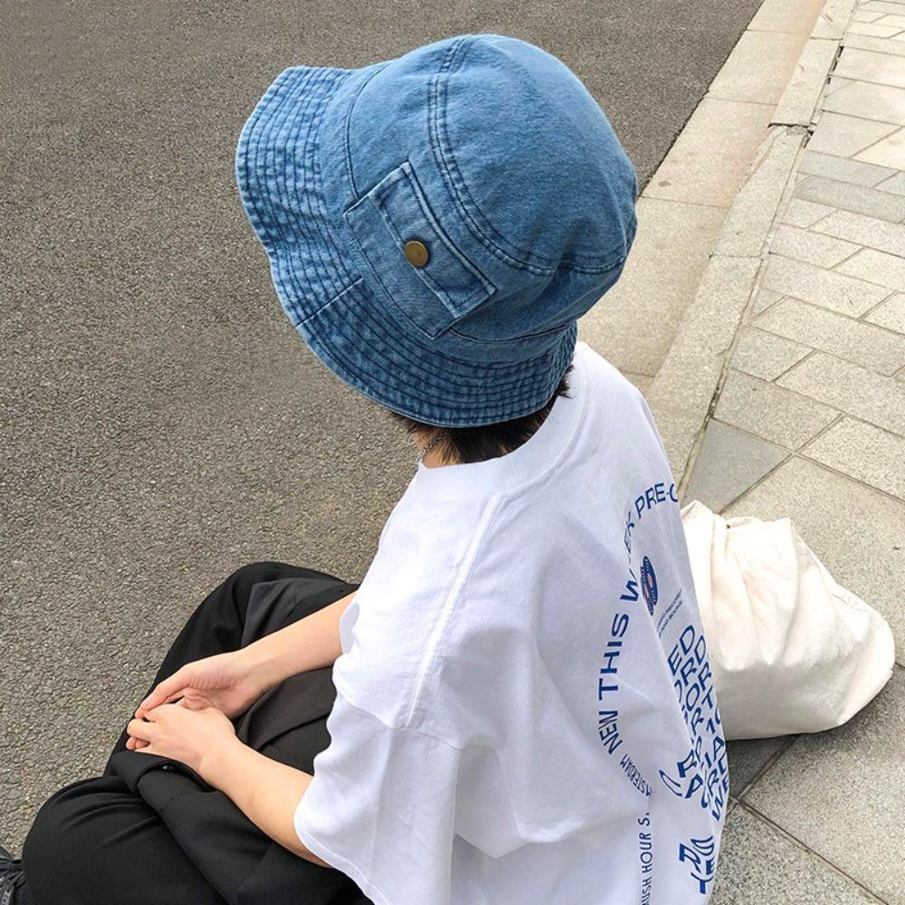 Solid Color Pocket Sun Hats Vintage Fisherman Cap New Denim Bucket Hat  Men Women