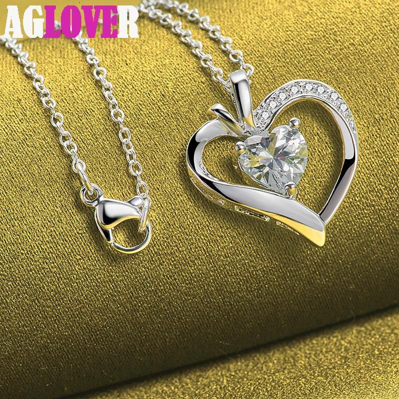 925 Sterling Silver AAA Zircon Heart Pendant Necklace Jewelry