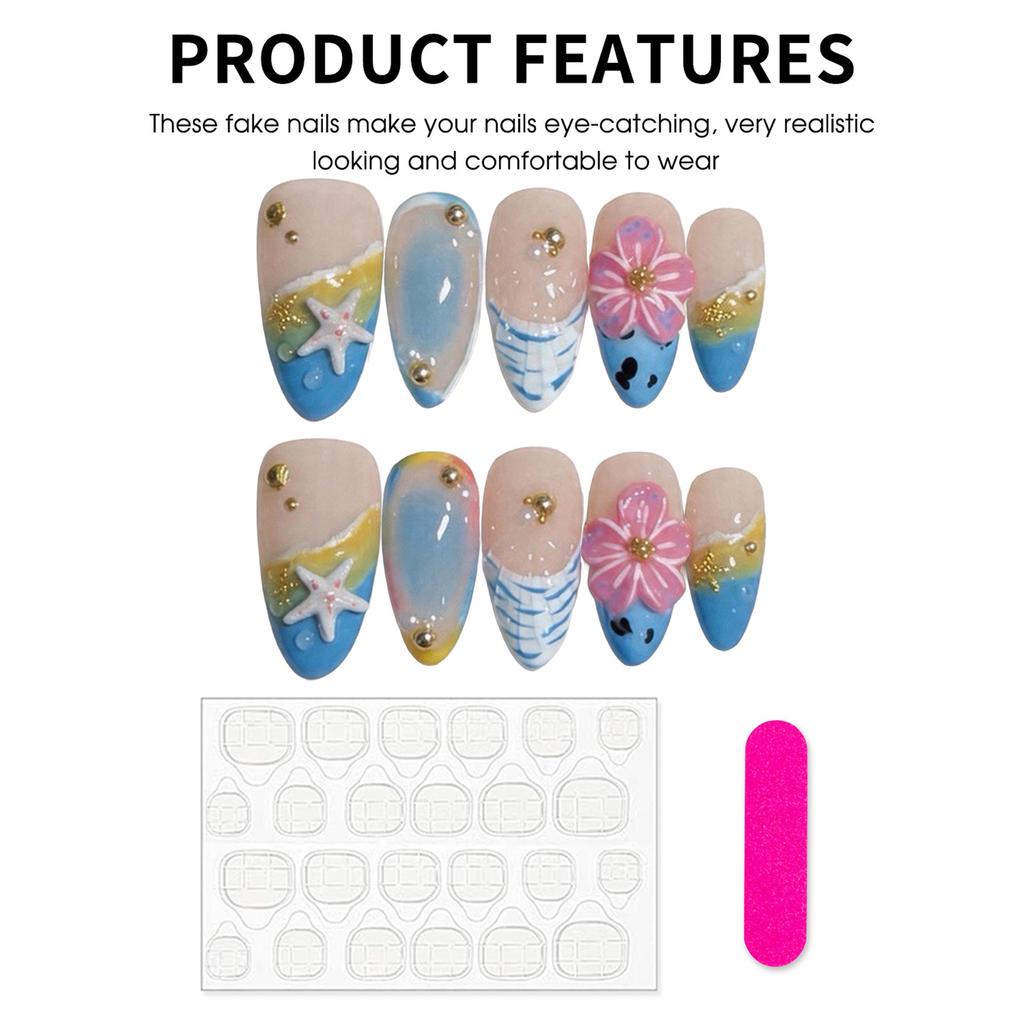 10Pcs Gradient Blue Almond Press On Nails Hand Painted 3D Seashell Flower Summer Ocean Fake Nails