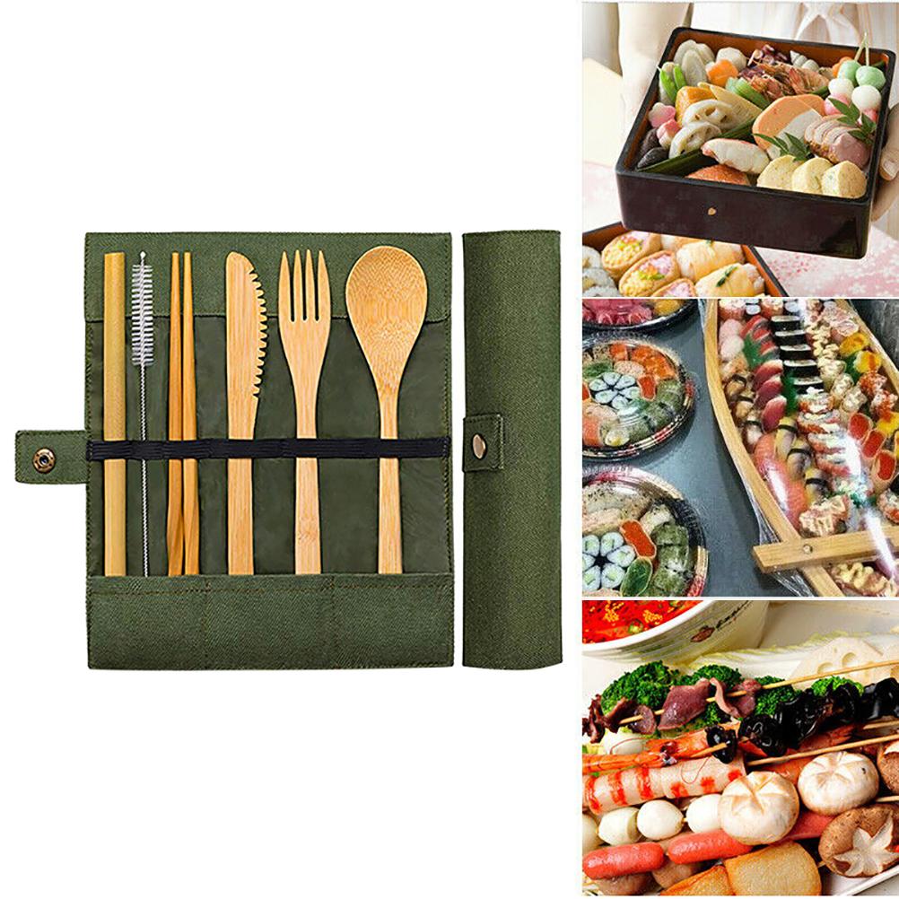 Bambus Geschirr Essstäbchen Löffel Gabel Set mit Aufbewahrungsorganizer Picknick Outdoor Grill Besteckset