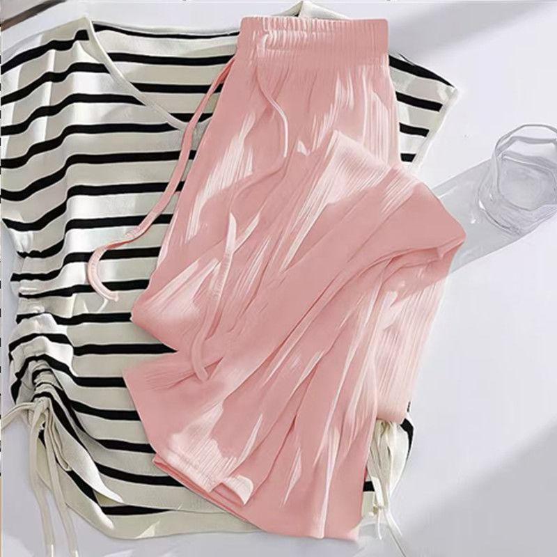 High Waist Ice Silk Wide Leg Pants Women Summer Breathable Casual Comfortable Floor Length