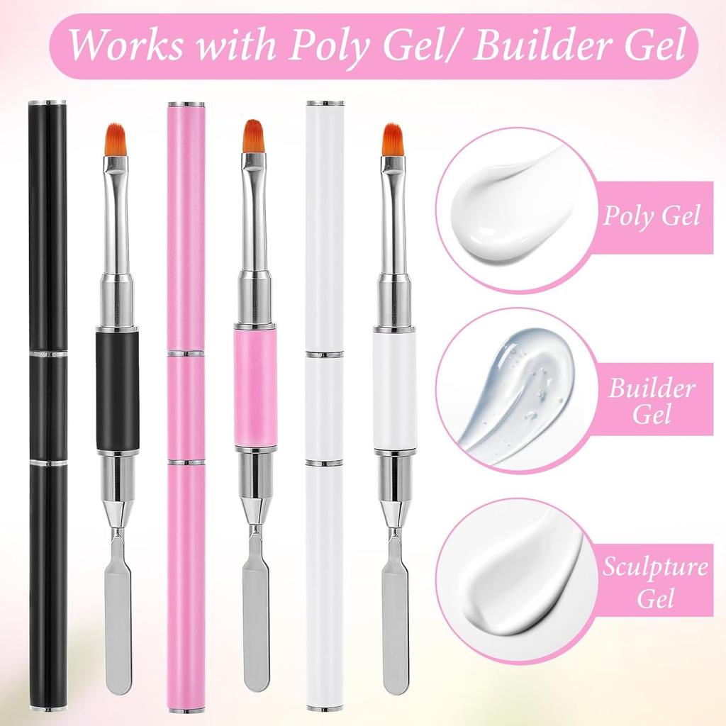3PCS Nail Brushes for Builder Gel,Double-Ended Hard Gel Brushes for Nails, Gels Builder Brush, for Salons and DIY, Nail Extension, UV Gels, Nails