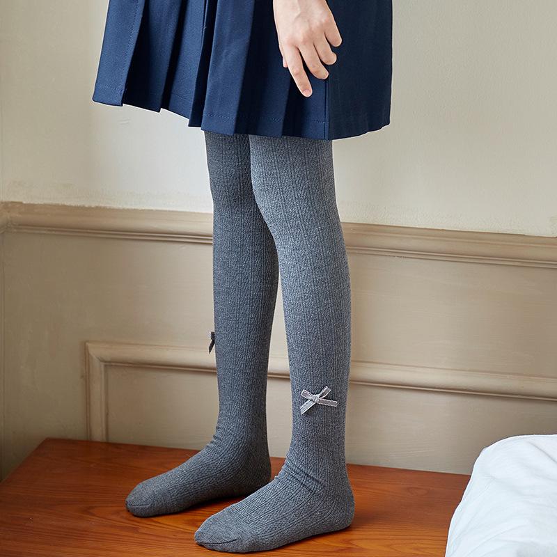 Kids' Winter Plus Velvet Thickened Knit Tights with Bow - Combed Cotton Cable Knit