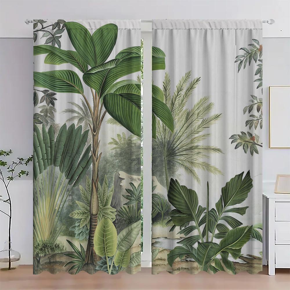 Home Tropical Leaves Curtains Landscape Background Kitchen Coffee Shop Living Room Bacony Curtain With Pole Pocket Polyester Perfect For