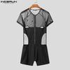 INCERUN Men Mesh Zip-up Long Sleeve Patchwork See Through Short Romper Jumpsuits  Bodysuits