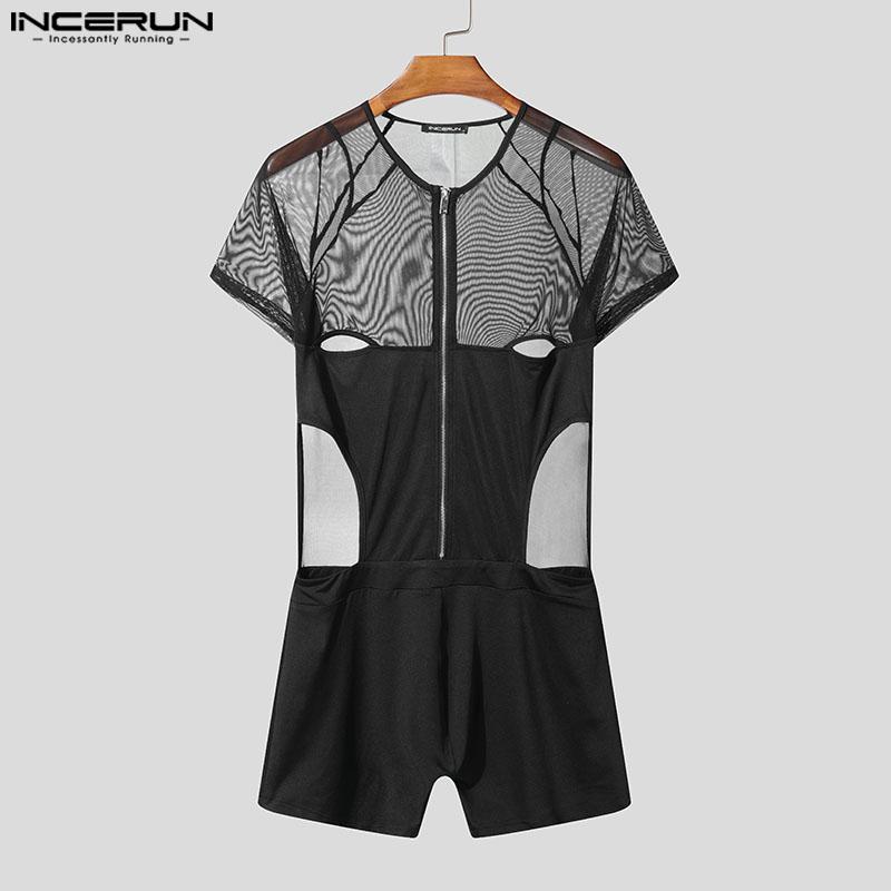 INCERUN Men Mesh Zip-up Long Sleeve Patchwork See Through Short Romper Jumpsuits  Bodysuits