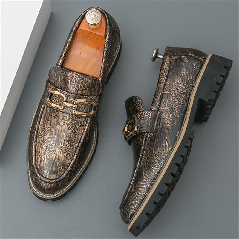 Fashion New Retro Print Pattern Leather Loafter Men's Metal Chain Casual Shoes Designer Formal Wedding Dress Homecoming Footwear