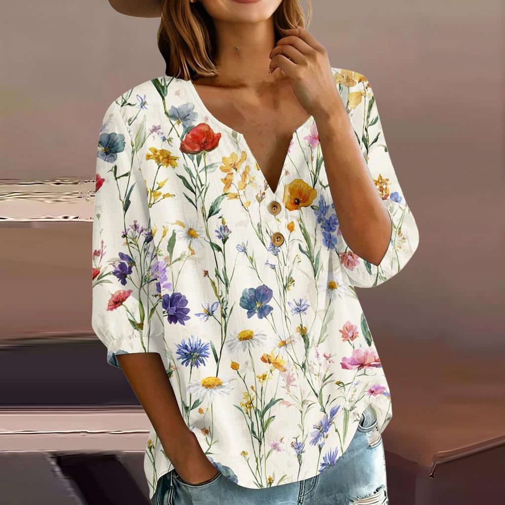 Women’s Casual Floral Print Henley Neck Cotton Linen Shirt Three Quarter Sleeve Button Front Loose Fit Blouse Top