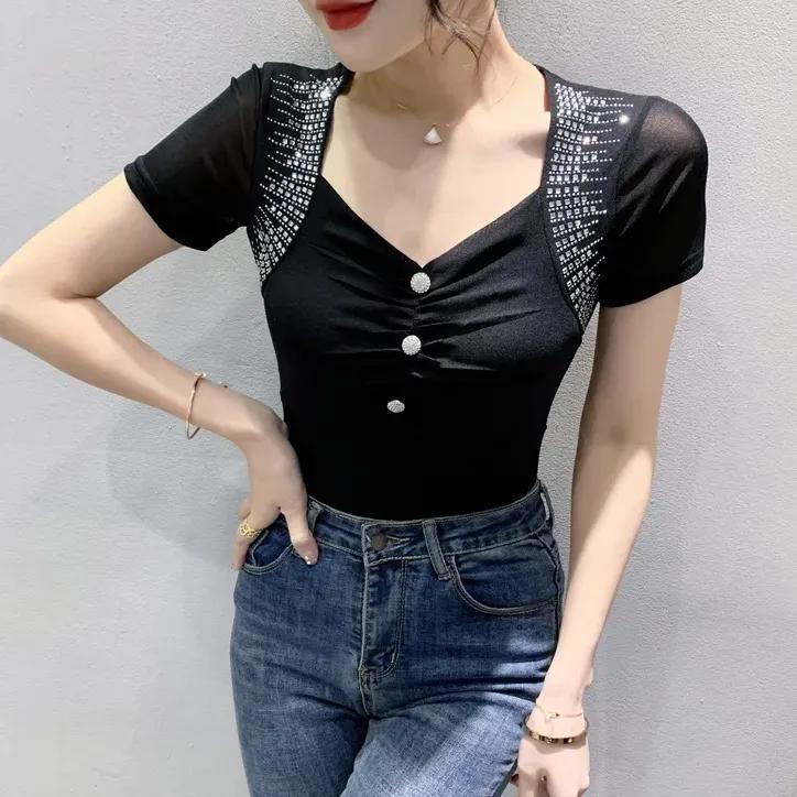 Women s Spring/Summer Mesh Short-Sleeve Ruffled Fitted Top Elegant, Slimming, Unique T-Shirt 3XL чёрный