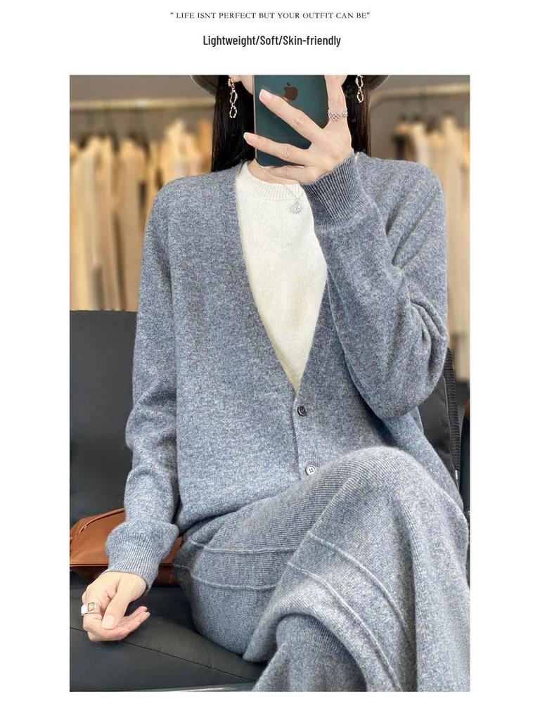 Autumn/Winter 2025 Women's Pure Wool Round Neck Two-Piece Set: Knit Top & High-Waisted Wide-Leg Pants