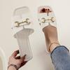 Flat-bottomed Slippers Women's Foreign Trade Summer New Outer Wear Metal Buckle Square Head Cool Slippers European and American Large-size Women's 