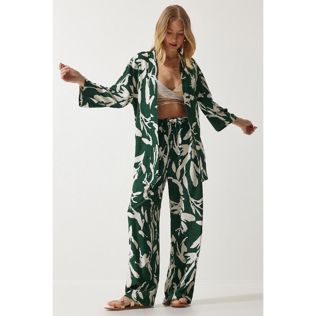 Zestaw damskich spodni kimono palazzo w kolorze pomarańczowym, wzorzystym En00614