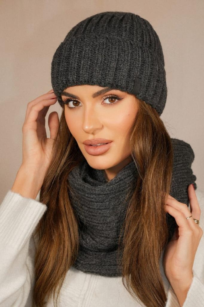 Set of the Seven Winter Hat with Snood, Graphite Color