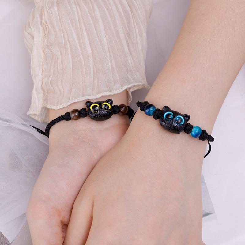 2pcs Cute Cat Beaded Couple Bracelet Hand Woven Adjustable Bangles Friendship Jewelry for Men Women Anniversary Gift Accessories