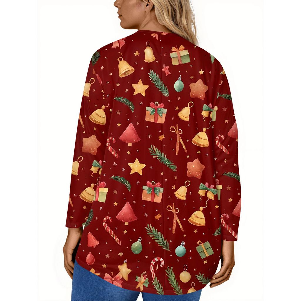 Women's Fashion Large Size Round Neck Long Sleeve Casual Christmas Print Loose Pullover Top