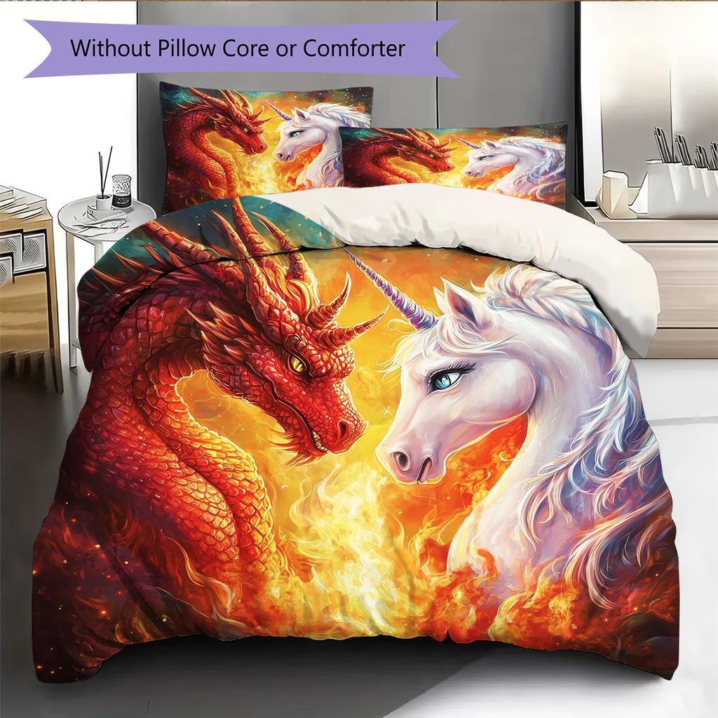 Dragon and unicorn Pattern Bedding Quilt Set Quilt Cover Pillowcase Home Decoration Gift (1 * duvet cover + 2 * pillowcase, without core)