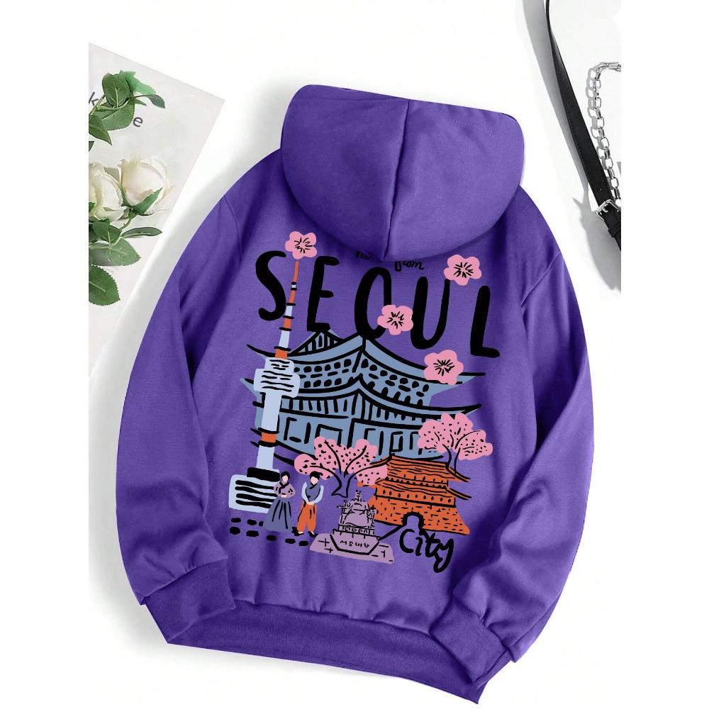 Seoul Beautiful Scenery Printing Womens Hooded Warm Fleece Comfortable Hoodies Simple Soft Hoodie Street Casual Loose