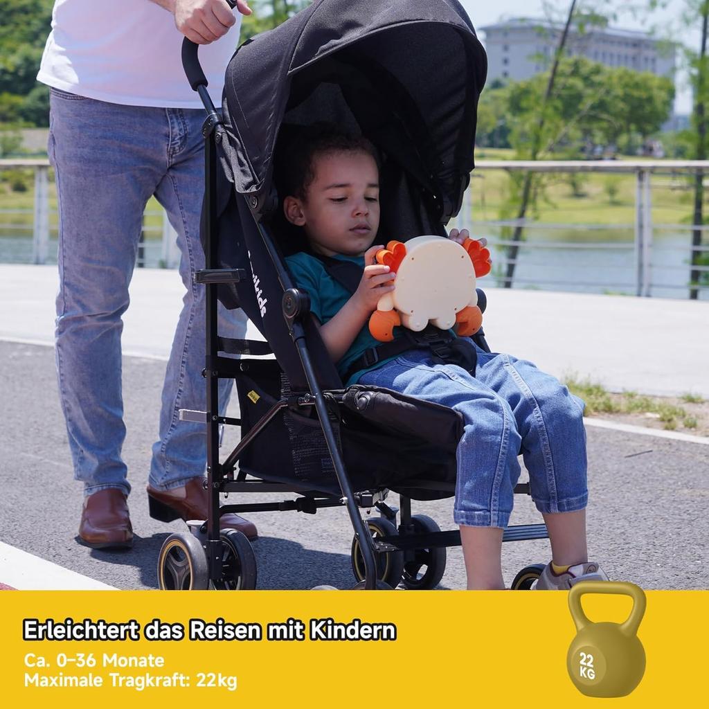 Cochecito Jovikids, Cochecito Plegable Pequeño con Función Reclinable, Cochecito de Viaje Plegable hasta 22 kg Incl. Toldo solar, funda para la lluvia y portavasos (Negro)