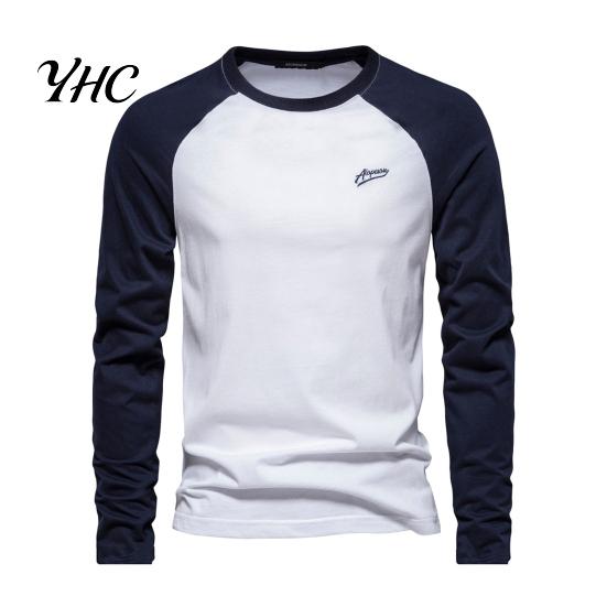 Long Sleeve Elastic Cuffs Top Men Raglan T-shirt O-Neck Patchwork Color Pullover Tops Loose Fit Breathable Casual Tees