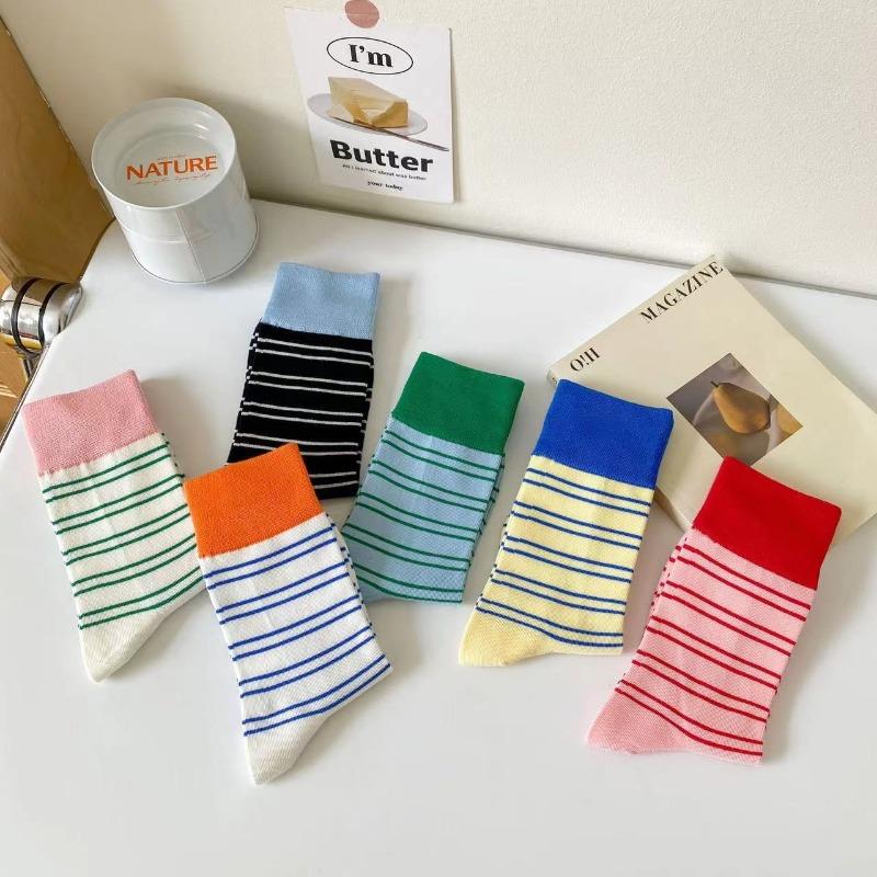 Dopamine Color-blocking Striped Mid-calf Socks Summer Thin and Trendy Socks Cotton Spring and Autumn Pile Socks